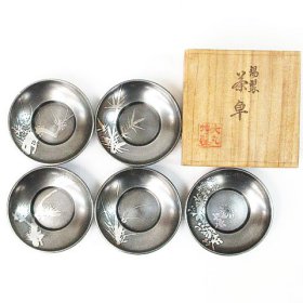 ☆ リサイクルショップ リバース 竹原店 大丸特製 錫製 茶卓 5客 絵変わり 図変り いぶし 丸形 茶托 托子 入荷しました~☆
